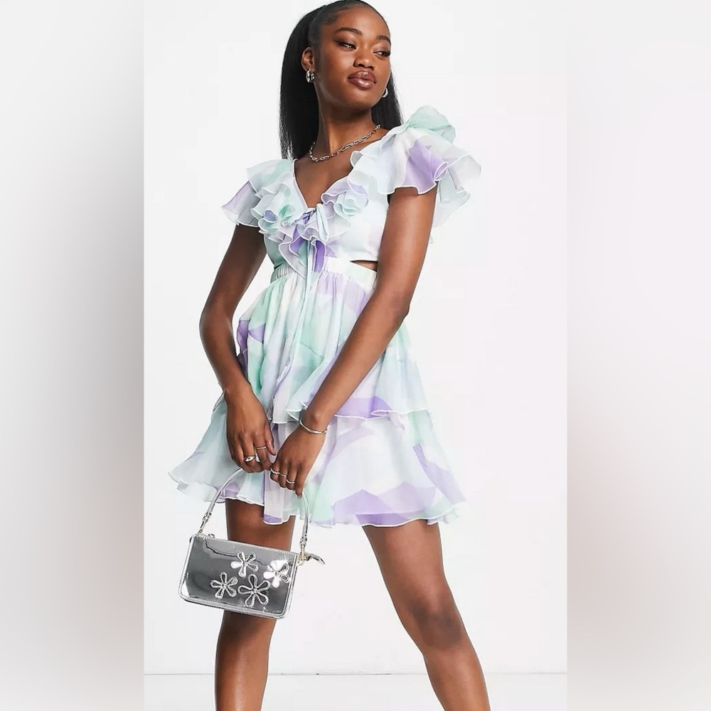 ASOS DESIGN geo print mini dress with ruffle detail - size 12